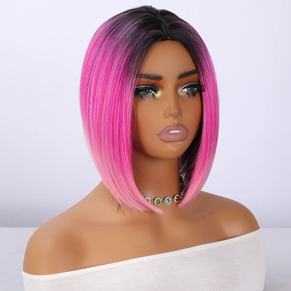 Wholesale Dark Hair Root Short pink Layered Gradient Synthetic Hair Wig Straight Hair Without Bangs Bangs Natural Appearance 539