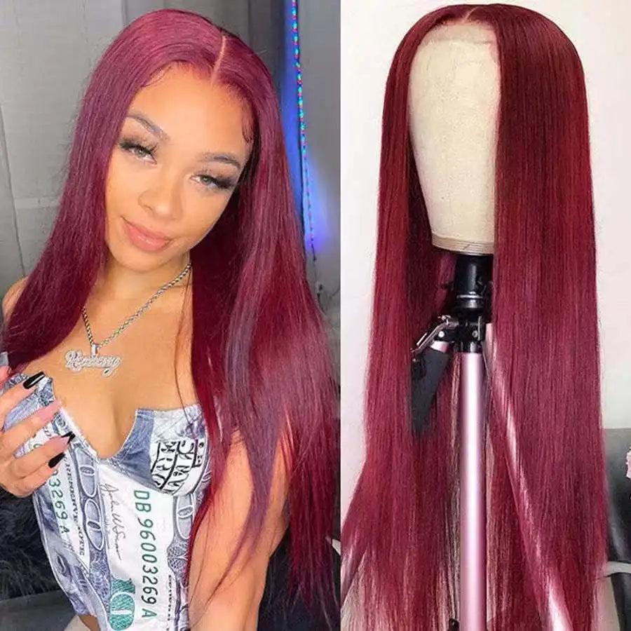 African Brazilian Hair Wig Wine Red Straight Hair Medium Part 13 x 4 Front Lace 12-32 Inches