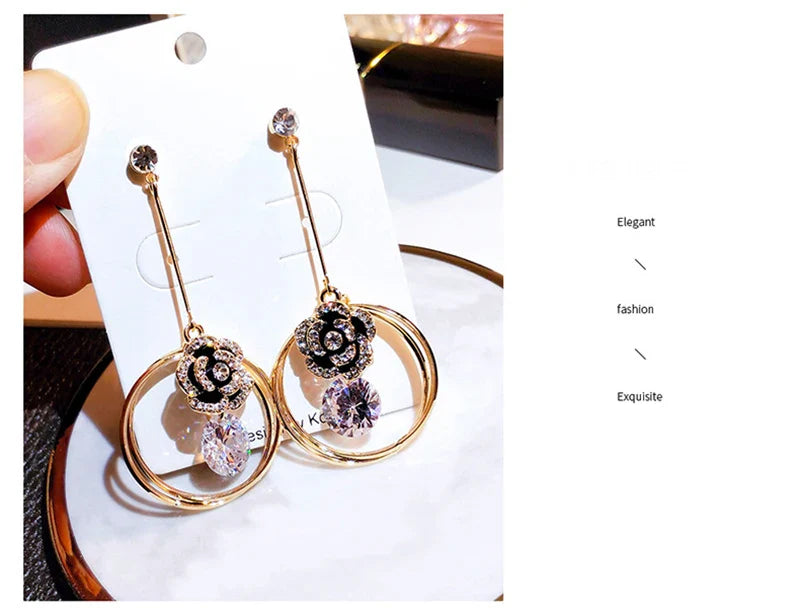 Korea Fashion Black Enamel Camellia Earrings Women Luxury brand Long Big Cubic Zirconia Drop Earrings Wedding Jewelry Z277