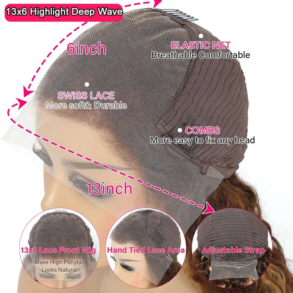 13x6 Highlight Wig Human Hair Deep Wave HD Lace Front Human Hair Wig P4/27 Ombre Brown Blonde Lace Front Wigs for Black Women