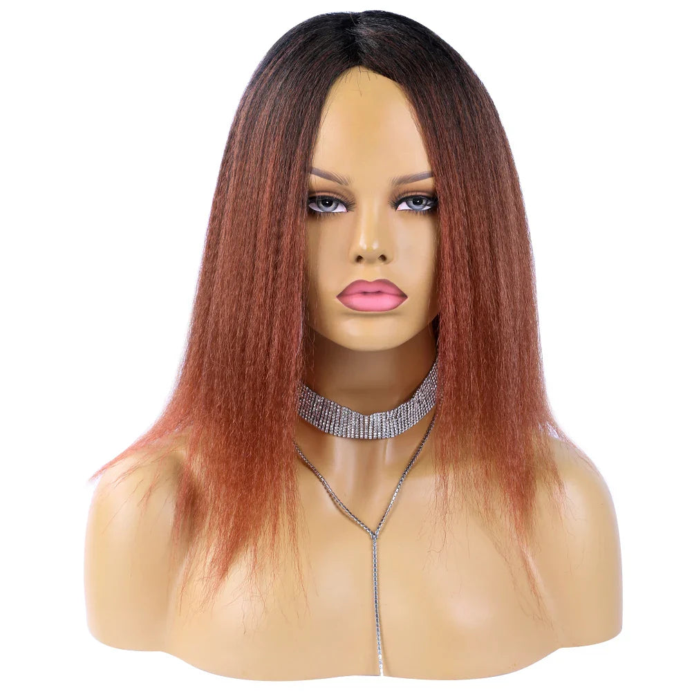 Wholesale 14 Inch Yaki Straight Afro Light Brown Lace Hair Wig Glueless Synthetic Middle Part Women  Machine-Made Long Wigs