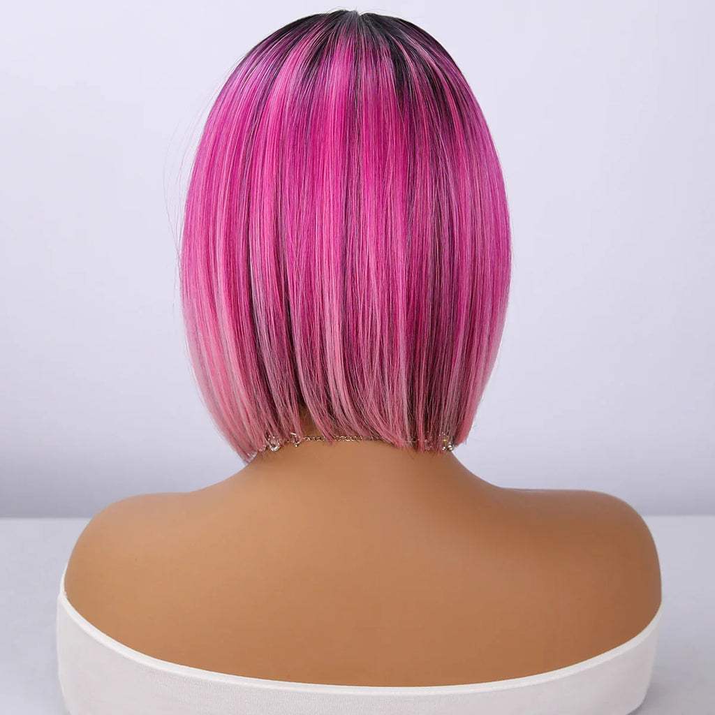 Wholesale Dark Hair Root Short pink Layered Gradient Synthetic Hair Wig Straight Hair Without Bangs Bangs Natural Appearance 539