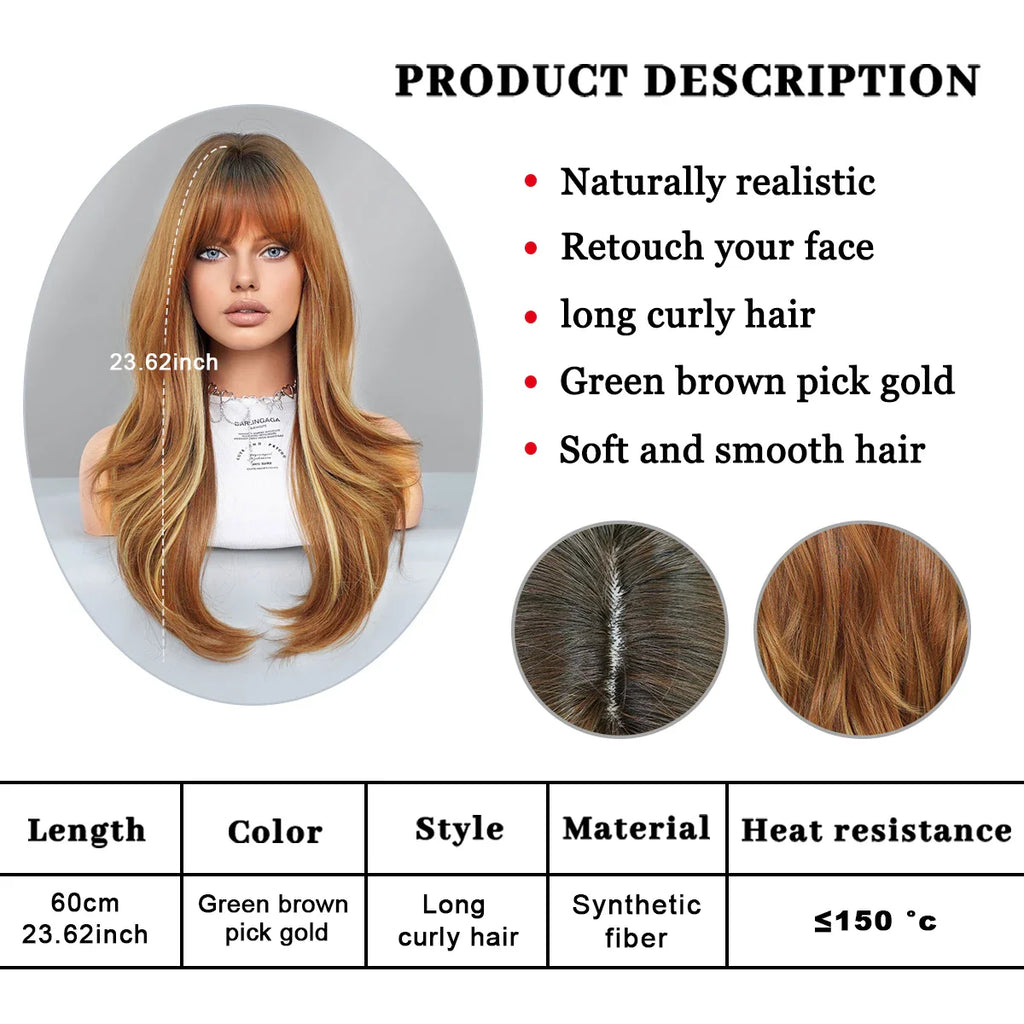 Long Curly Synthetic Wig with Bangs Highlights Honey Brown Hair Wig for Women Natural Matte Heat-resistant Fiber Hair