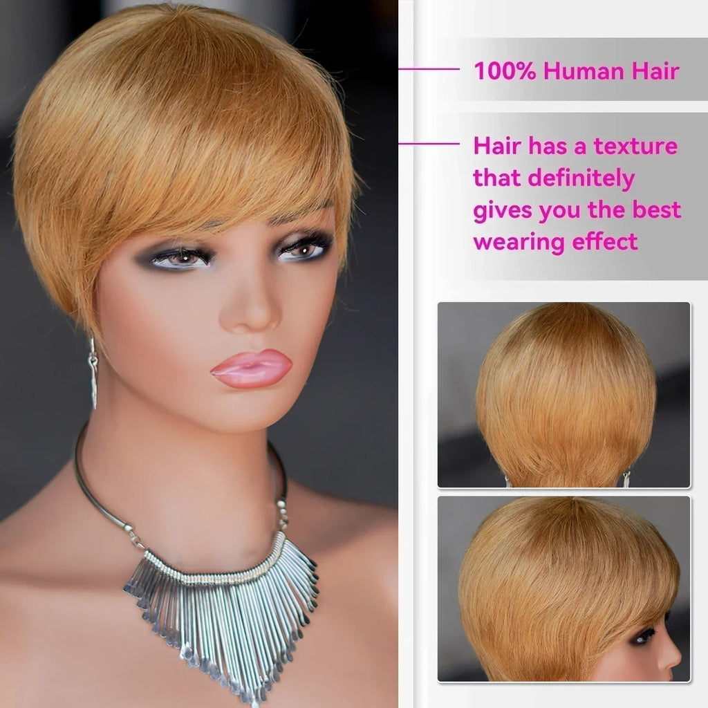 Pixie Cut Human Hair Wig Short Straight  Layered Full Machine Made Wig 100% Remy Human Hair for Black Women Natural
