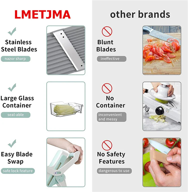 LMETJMA Adjustable Mandoline Slicer Stainless Steel Vegetable Slicer Julienne Safe Vegetable Dicer Onion Carrot Slicer KC0420