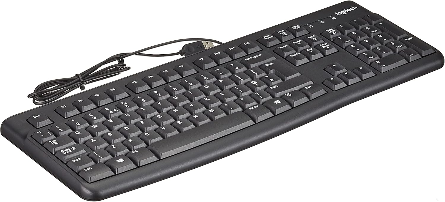 Logitech K120 Wired Business Keyboard for Windows or Linux, USB Plug-and-Play, Full-Size, Spill Resistant, Curved Space Bar, PC/Laptop, QWERTY UK Layout - Black