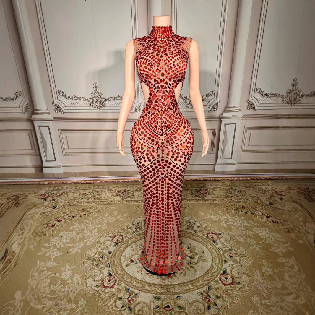 Luxury Mirror Sequins Sheath Halter Trailing Dress