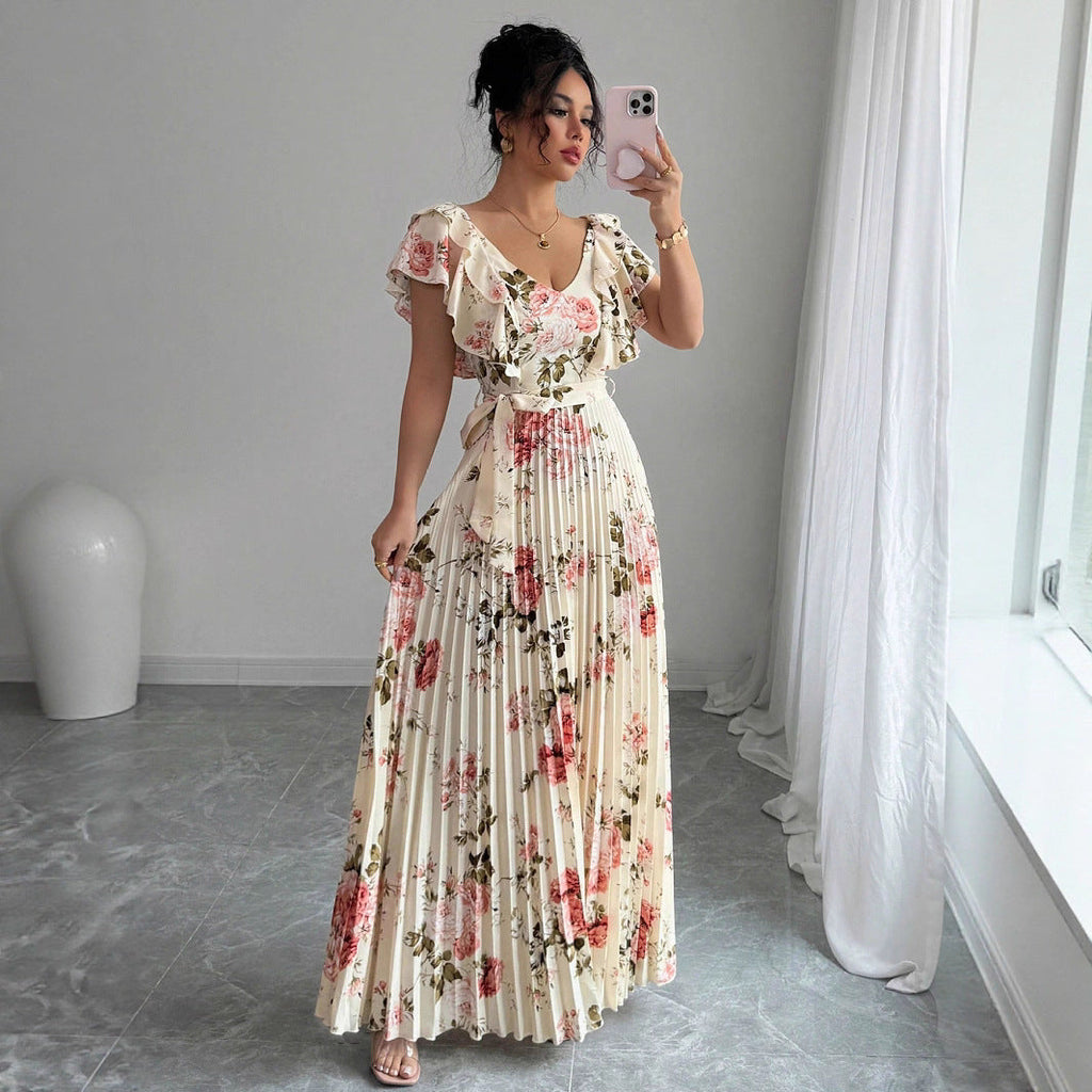 V-neck Digital Floral Print Ruffles Dress