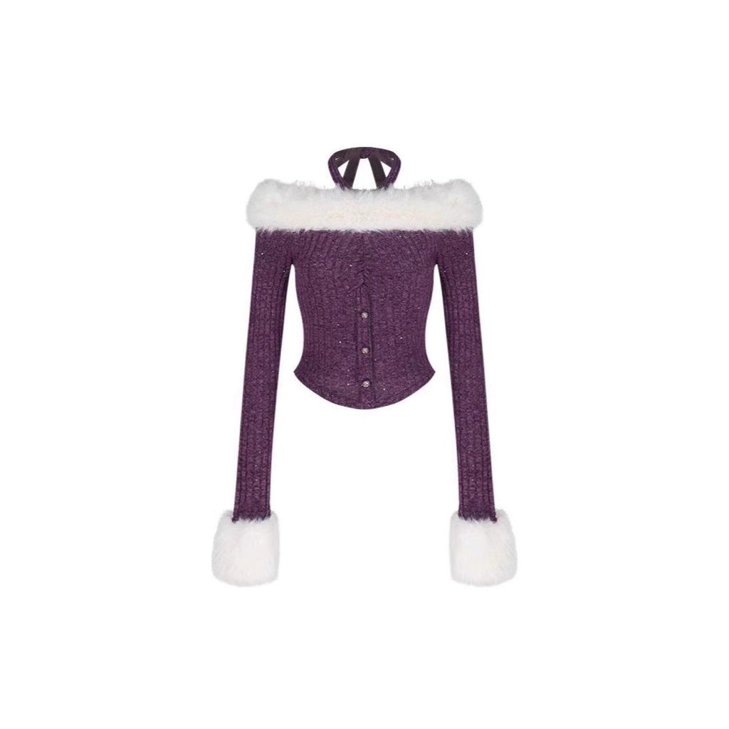 Women's Purple Fur Halter Off-shoulder Sweater