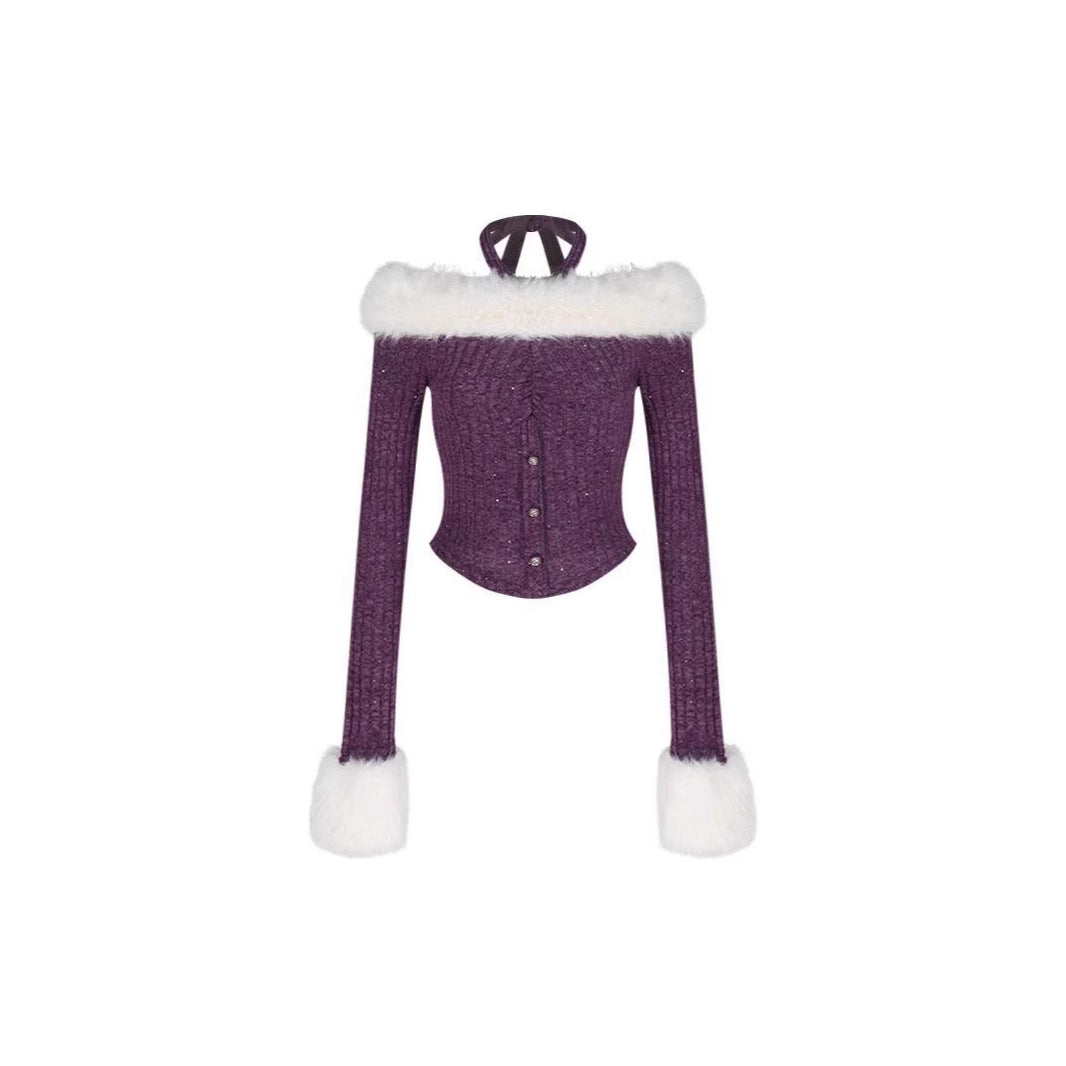 Women's Purple Fur Halter Off-shoulder Sweater