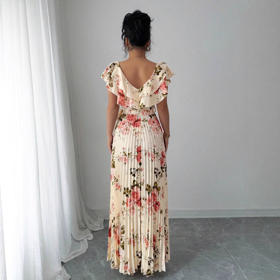 V-neck Digital Floral Print Ruffles Dress