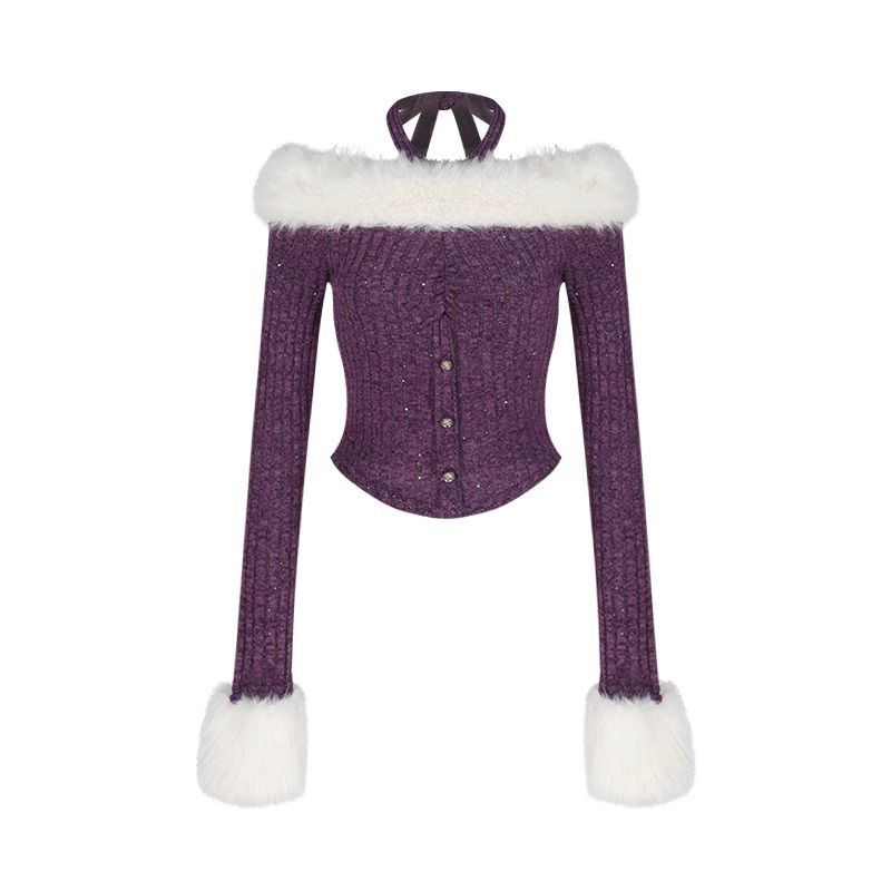 Women's Purple Fur Halter Off-shoulder Sweater