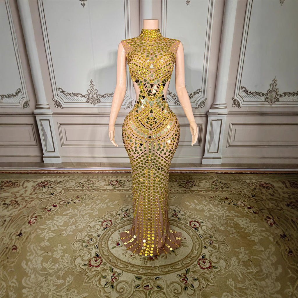 Luxury Mirror Sequins Sheath Halter Trailing Dress