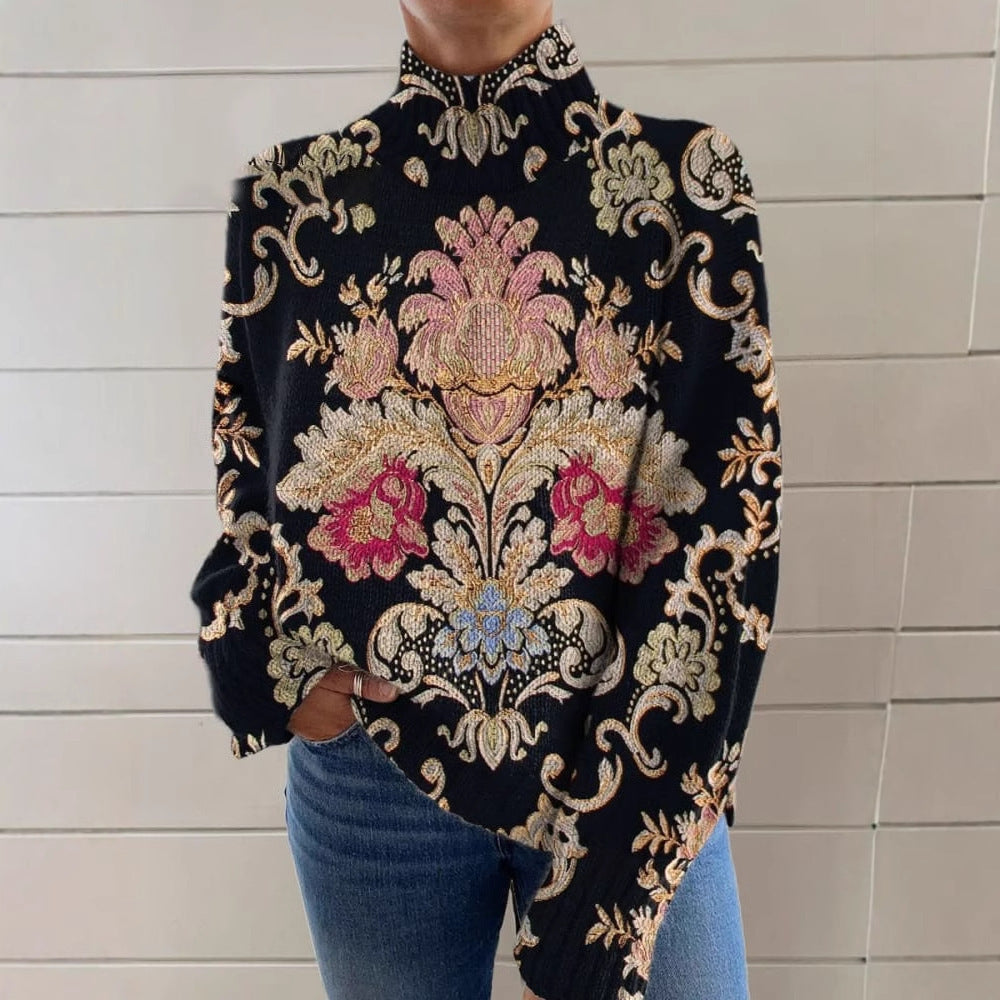 3D Color Matching Pattern Printed Turtleneck Long Sleeve Sweater