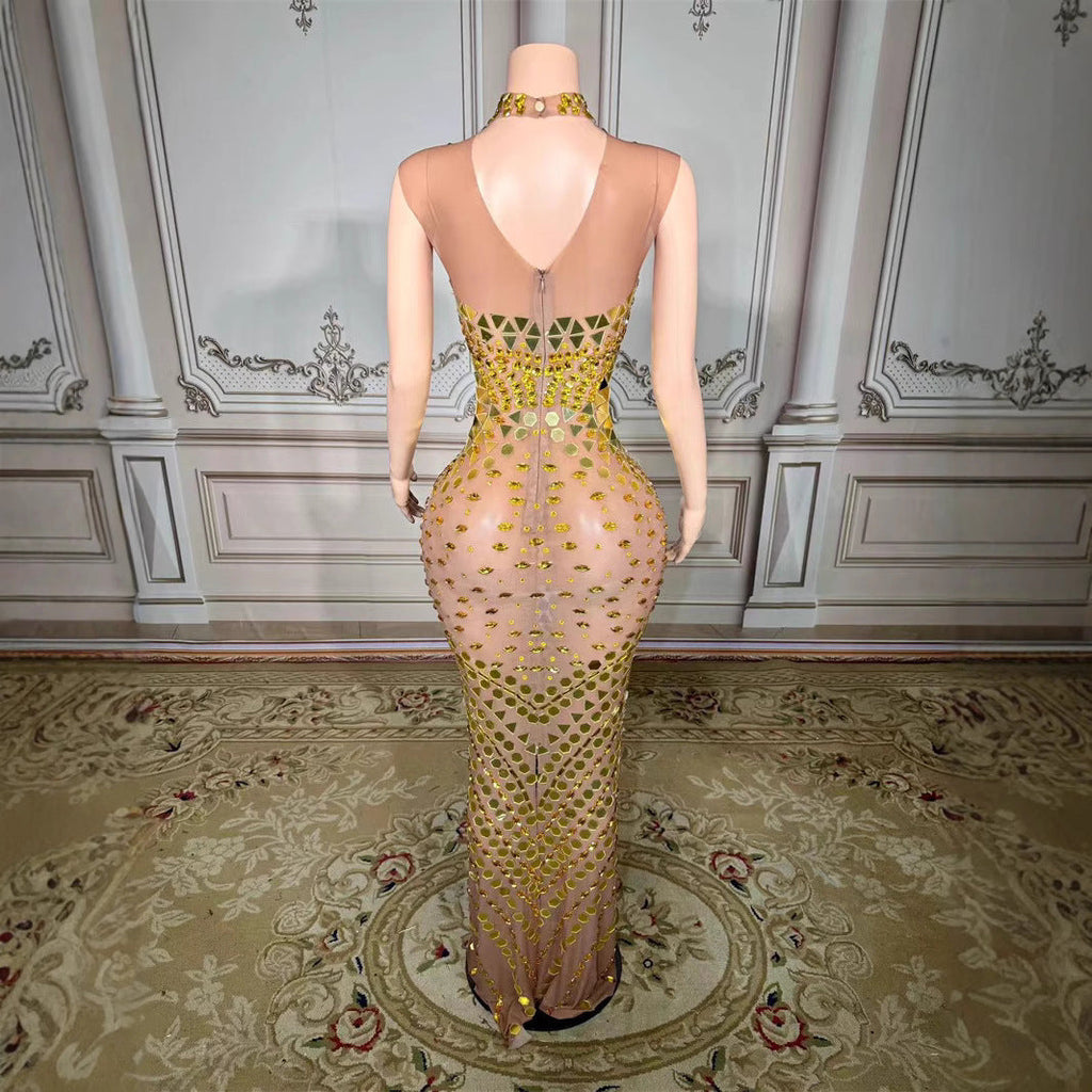 Luxury Mirror Sequins Sheath Halter Trailing Dress