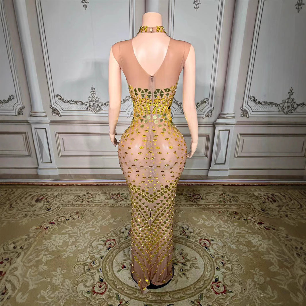 Luxury Mirror Sequins Sheath Halter Trailing Dress