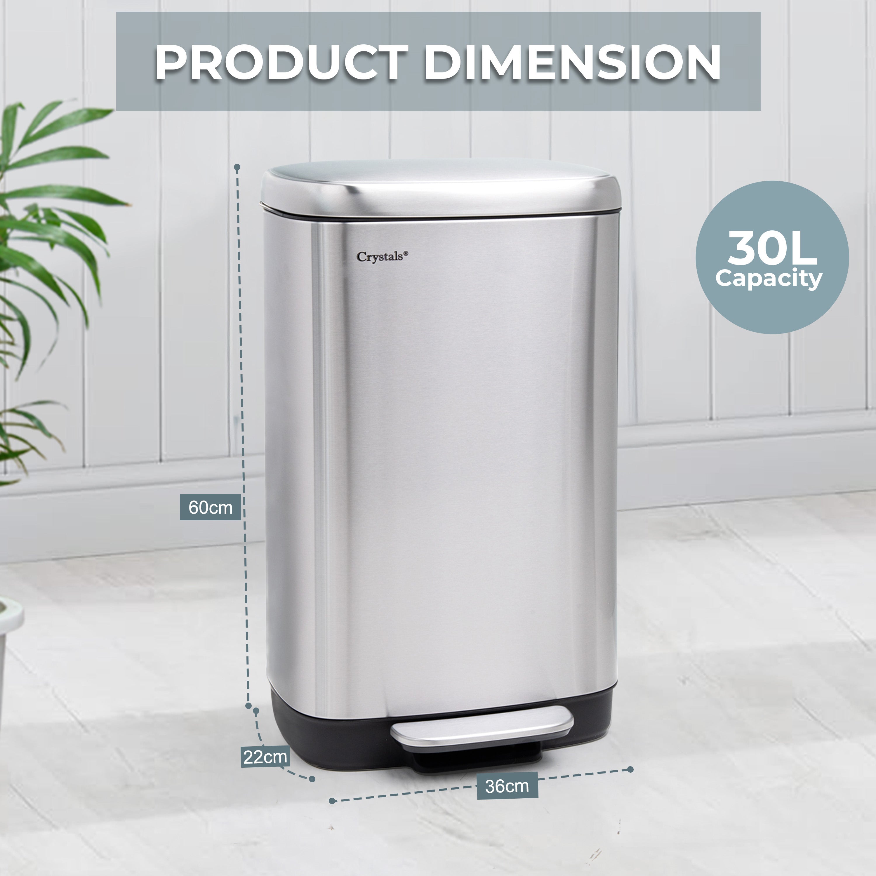 30L Rectangular Pedal Bin Soft Close Lid - Silver