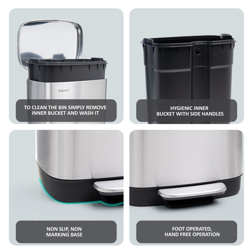 30L Rectangular Pedal Bin Soft Close Lid - Silver