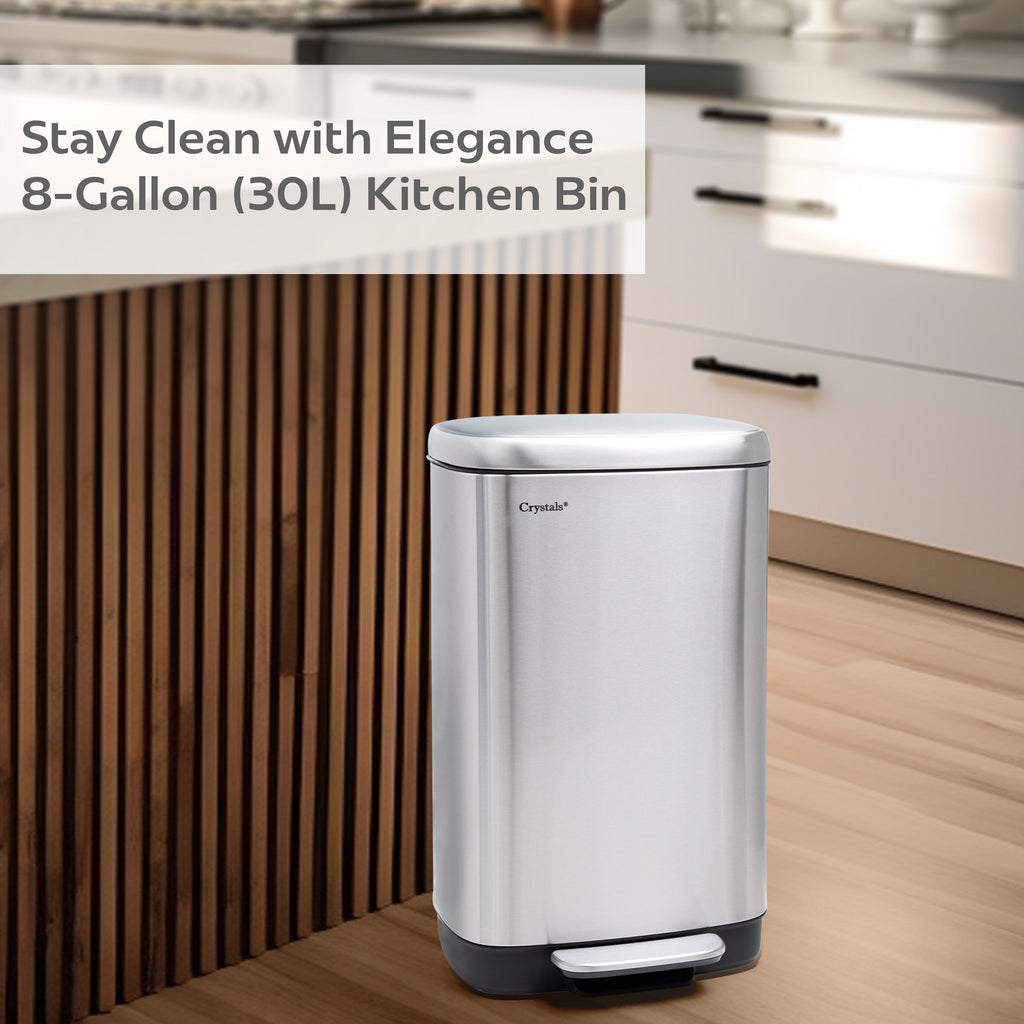 30L Rectangular Pedal Bin Soft Close Lid - Silver