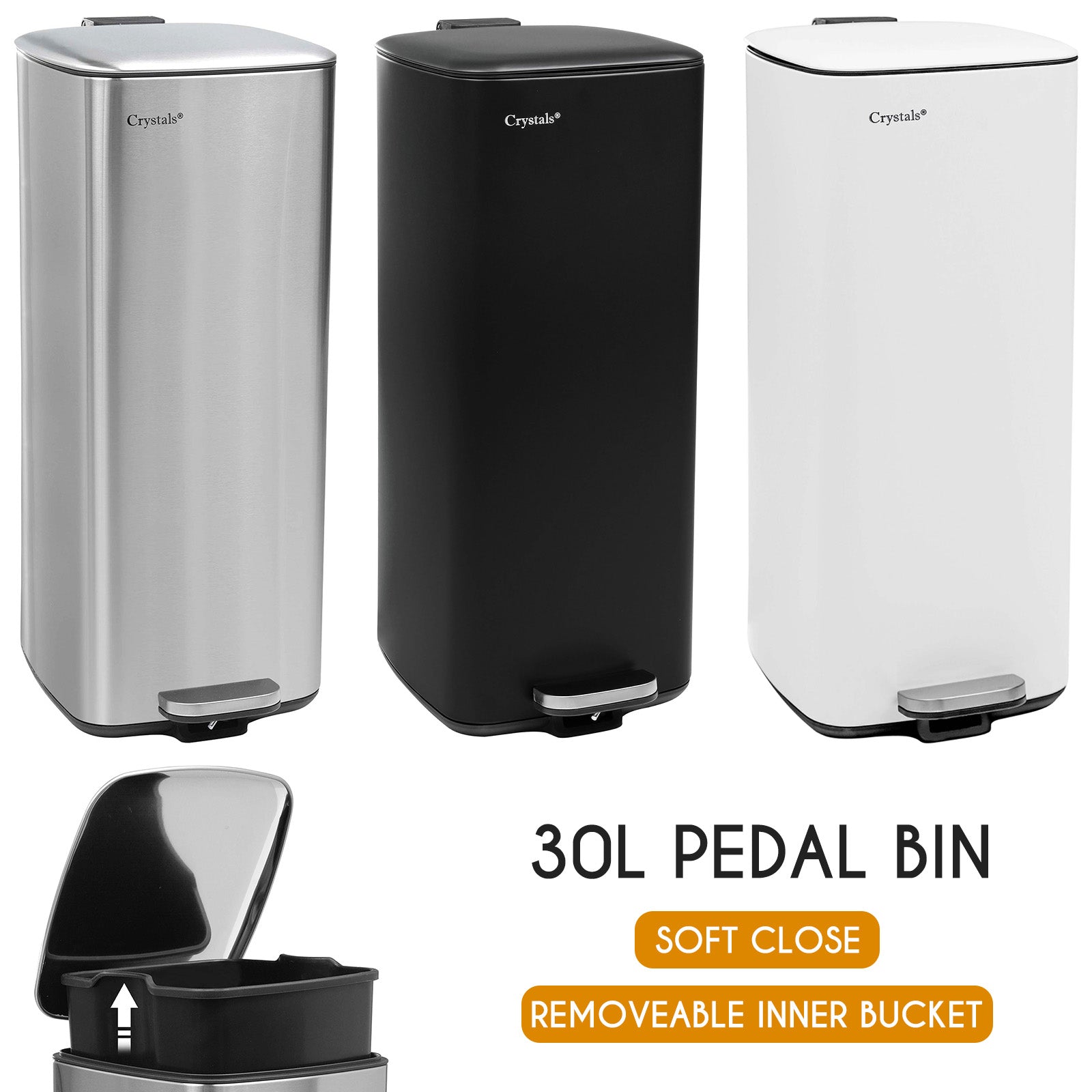 30L Square Pedal Bin with Soft-Close Lid