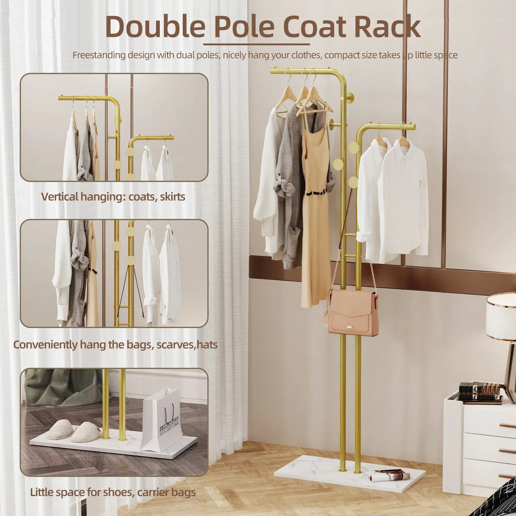 Heavy Duty Metal Dual-pole Clothes Rail Anti-Collapse Garment Rack Coat Hanger Stand Stable Stone Base