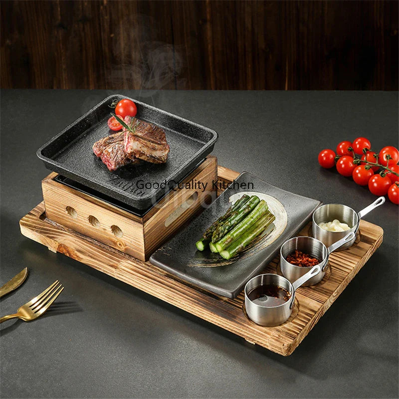 Dining room single and double tableware Cast iron barbecue plate Square alcohol oven baking tray Korean style barbecue stove set