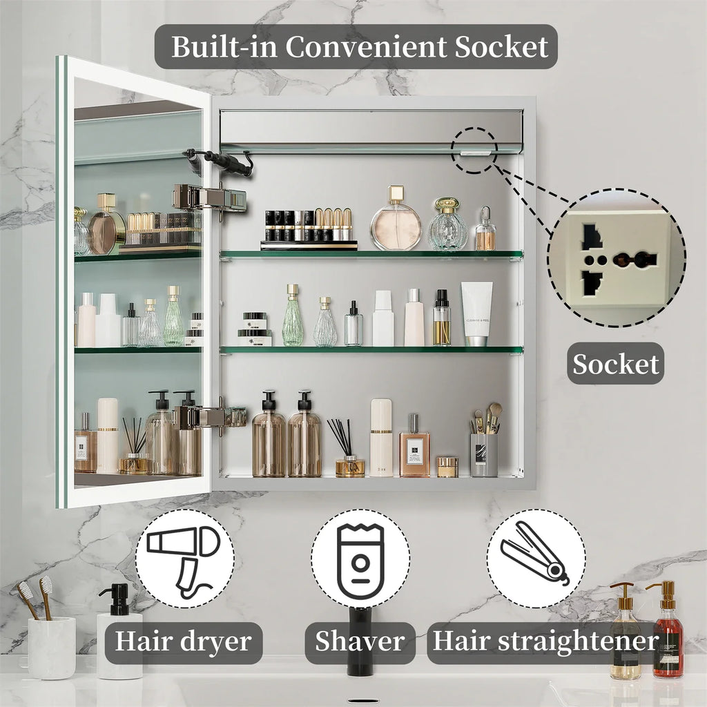 60/70CM Illuminated LED Wall Mirrored Bathroom Storage Medicine Cabinet with Shaver Socket, Bluetooth Speaker Anti-Fog