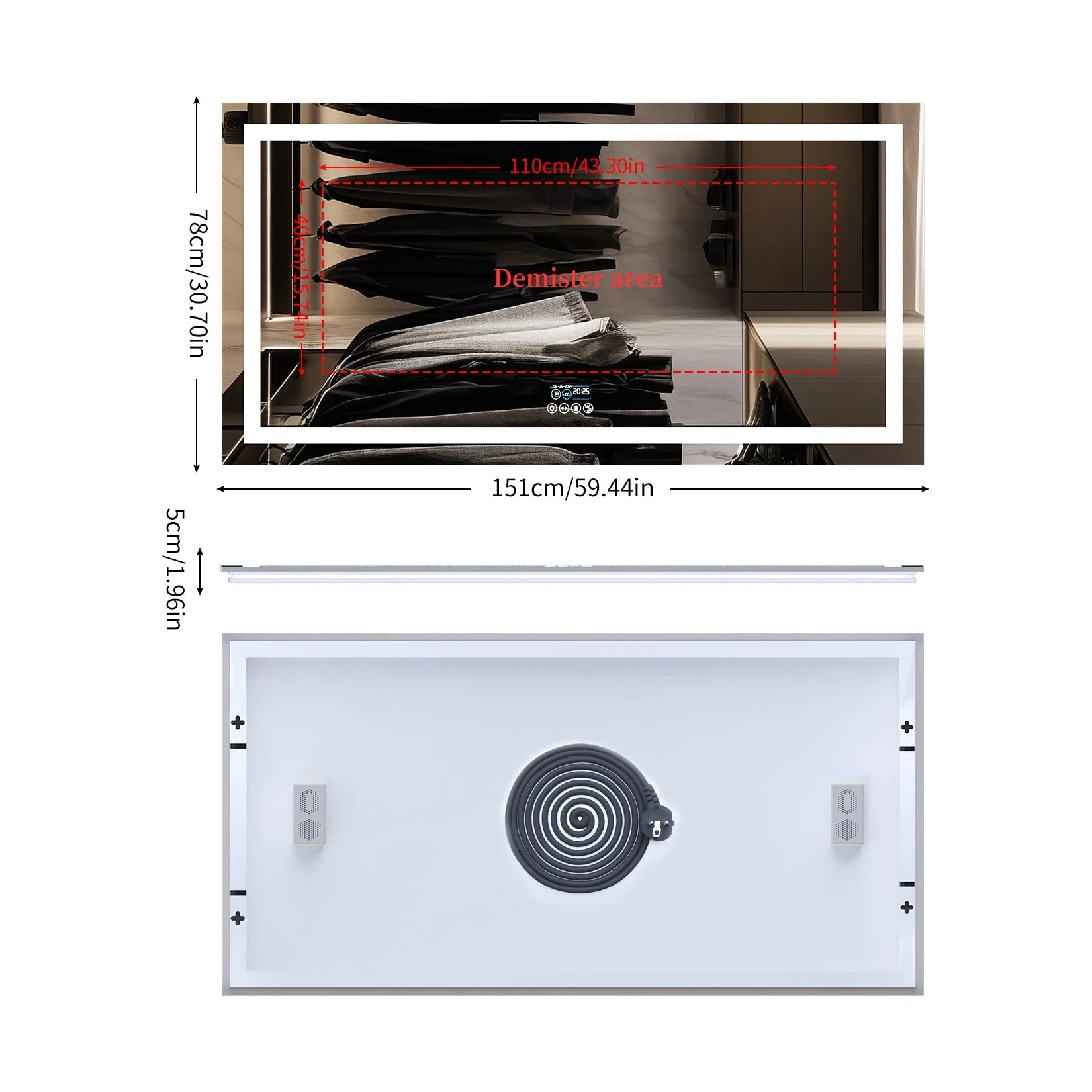 Extra Long Rectangle LED Bathroom Mirror with Bluetooth Speaker Front-lit and Backlight Vanity Mirror Smart Anti-fog