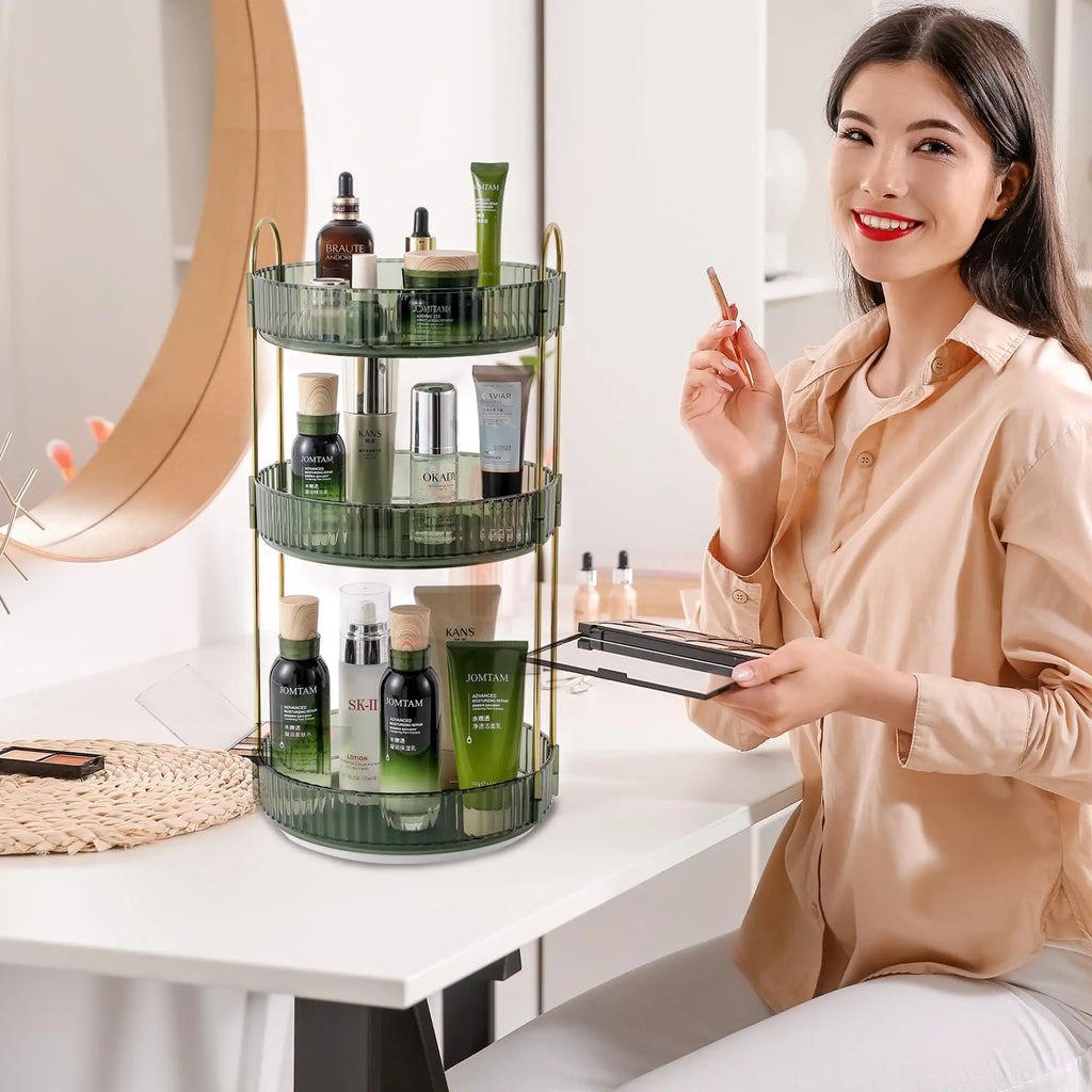 Rotating Makeup Organizer for Vanity Make Up Storage Box for Bathroom Counter Clear Cosmetic Toiletry Dresser Spinning Holder