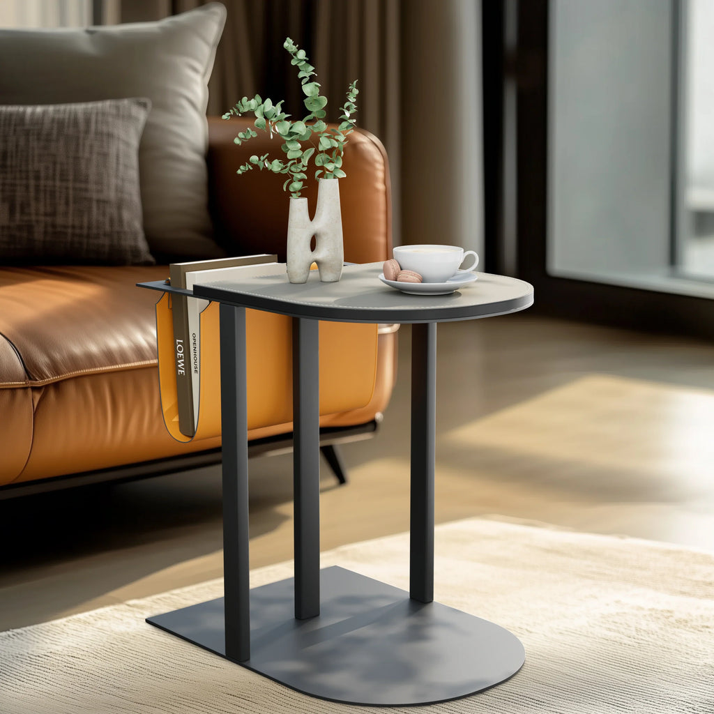 Light-Luxury Narrow Sofa Side Table, Saddle Leather Top, Bedside End Table, Magazine Rack for Living Room and Bedroom