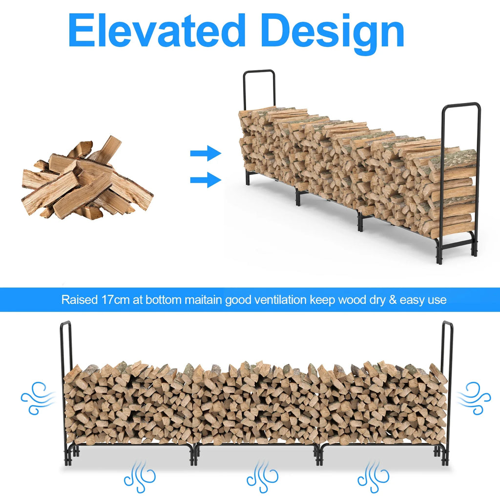 Heavy Duty Metal Wood Log Store, Outdoor Garden Firewood Log Rack, Stacking Storage Stand, 12ft Long