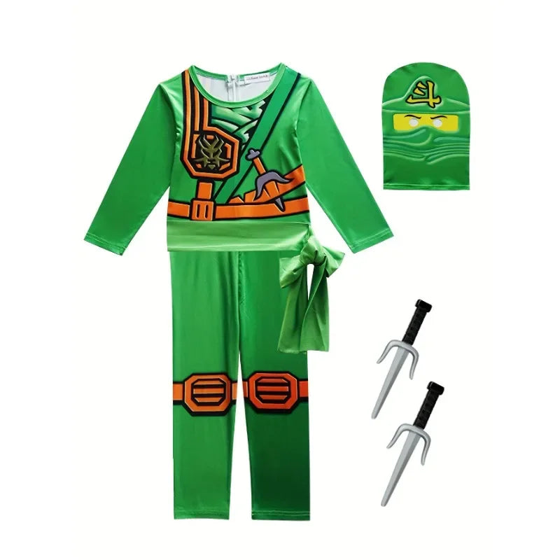 Complete Party Costume Set for Kids with Makeup Mask NinjTheme Party Cosplay Costume Set for Kids Mask Jumpsuit and Accessories