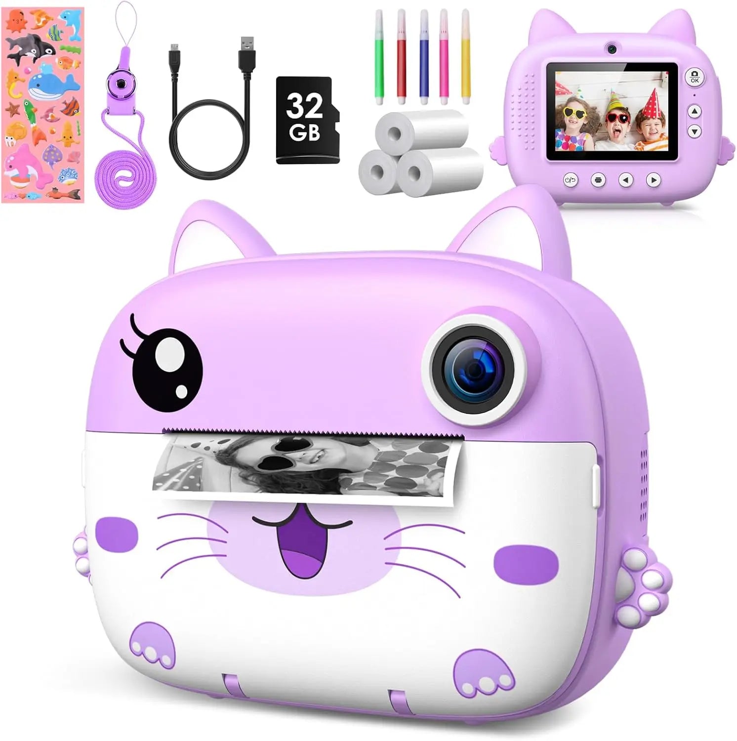 Kids Instant Print Camera 2.4 Inch 1080P Digital Camera Portable Cartoon Video Camera With 32GB Card & 5 Color Pens