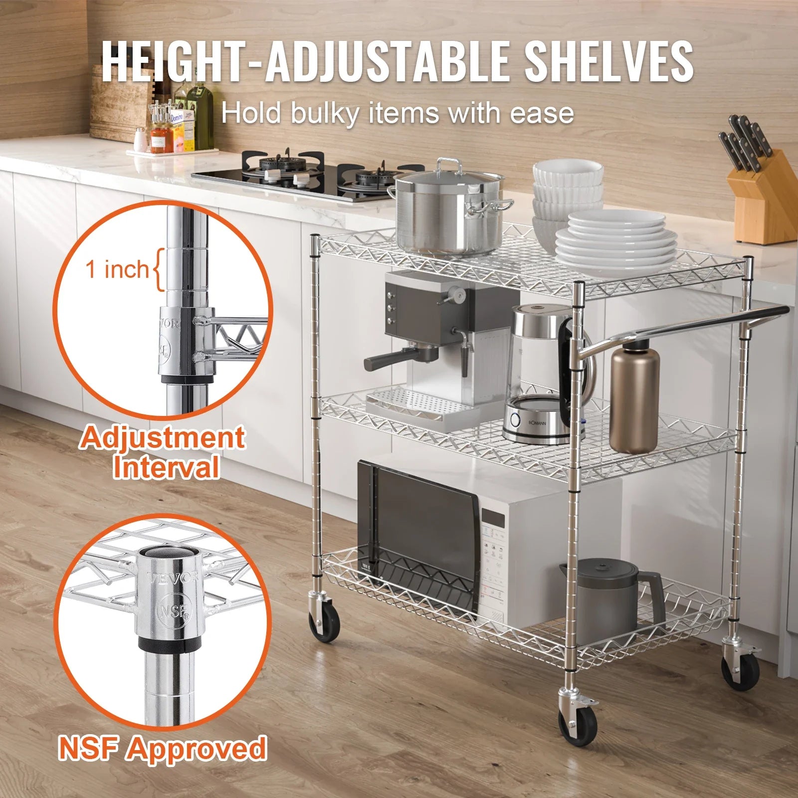 VEVOR Rolling Utility Cart 3-Tier Mobile Shelving Unit Organizer Service Cart on Wheels Metal Storage Trolley for Kitchen  Bar