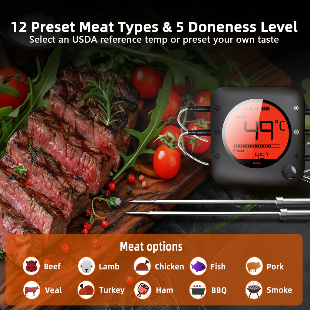 Wireless Bluetooth Meat Thermometer Digital BBQ Kitchen Thermometer Support 6 Probe for Smoker Cooking Grill Oven Candy
