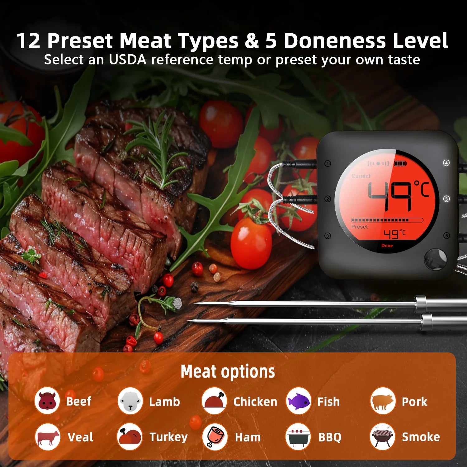 Wireless Bluetooth Meat Thermometer Digital BBQ Kitchen Thermometer Support 6 Probe for Smoker Cooking Grill Oven Candy