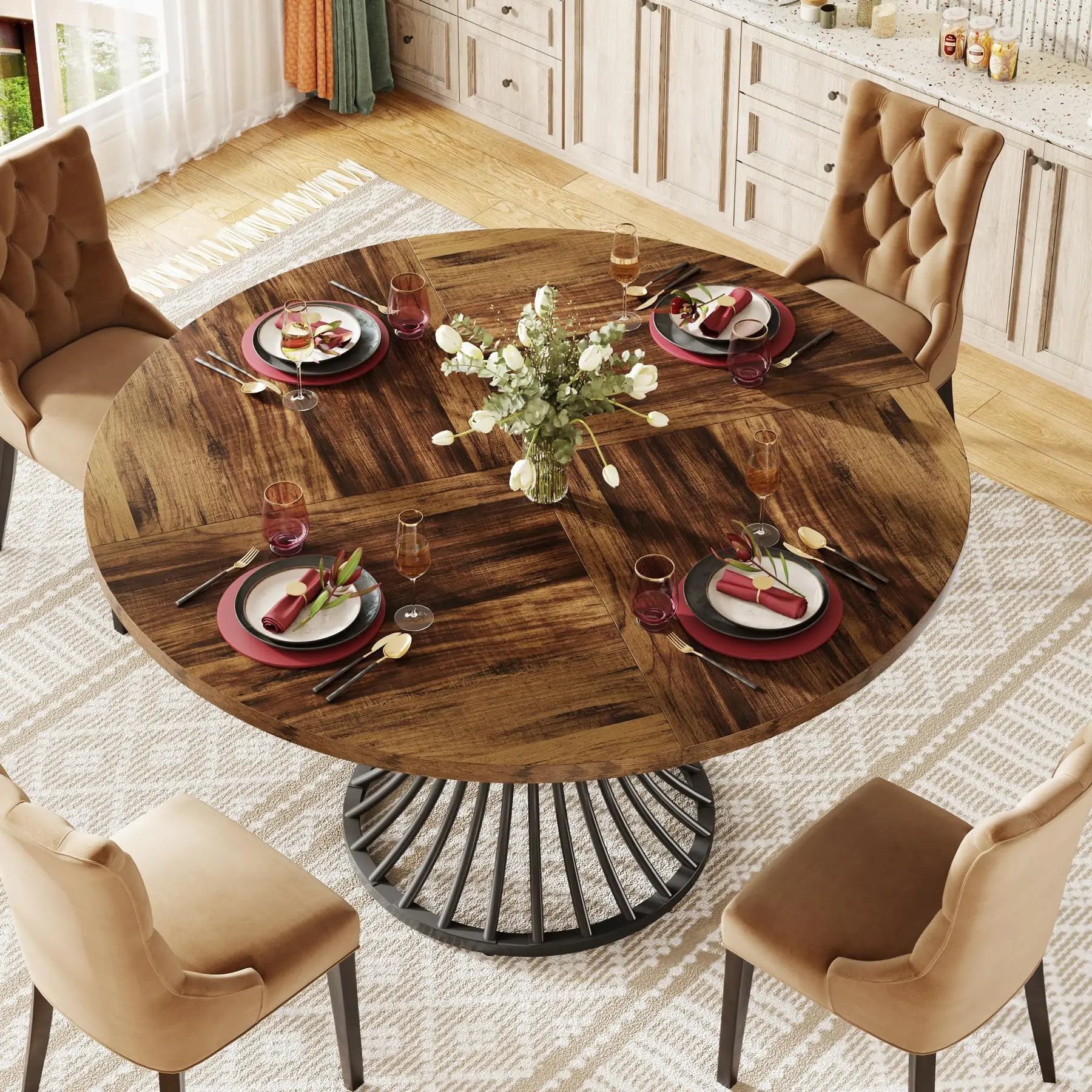 Tribesigns Round Dining Table for 4-6 People, 47-Inch Farmhouse Dinning Room Table Circle Kitchen Table, Industrial Dinner Table