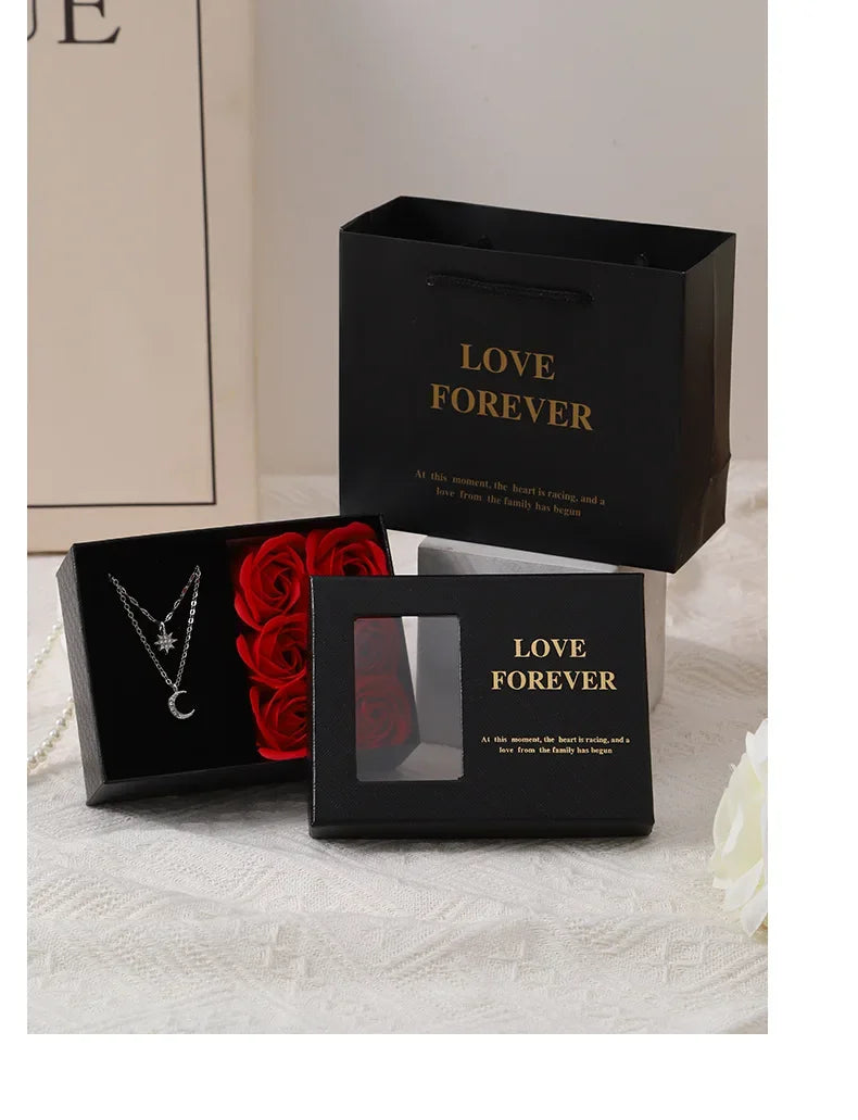 Valentine's Day Jewelry Gift Packaging Box  6 Rose Pendants Ring Bracelet Eternal Flower Window Opening Jewelry Box Romantic Bag