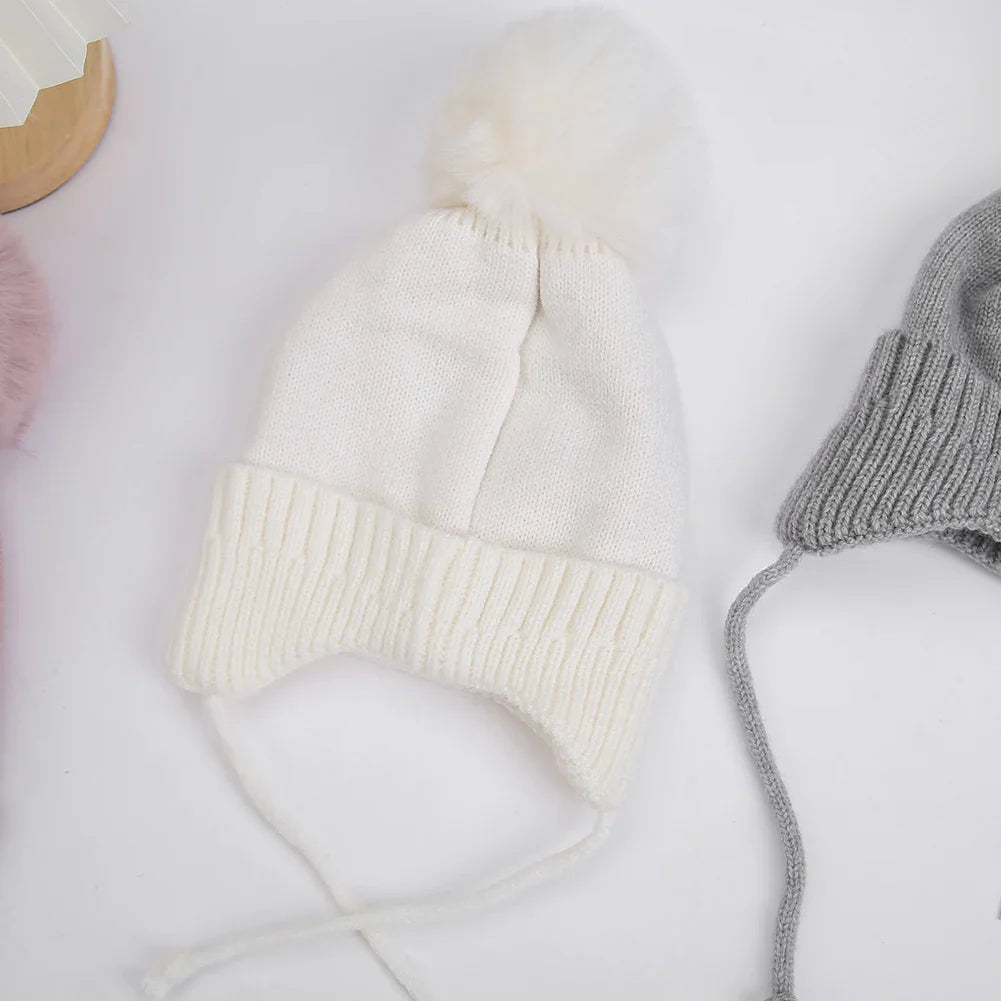 Cute Pompom Baby Turban Hats Heart Knitted Caps Boys Girls Beanies 0-3T Autumn Winter Kids Headwraps Bonnets Hair Accessories