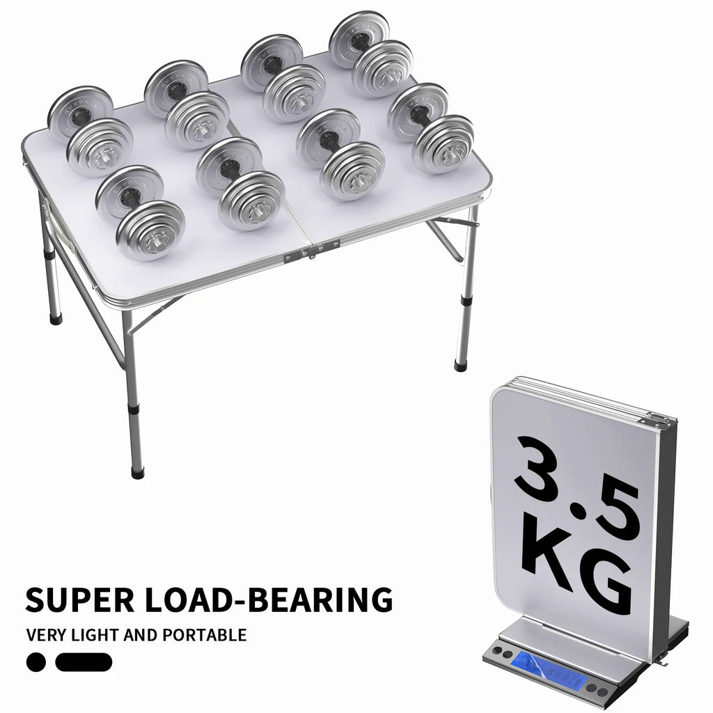 Picnic Folding Table Aluminium Foldable Adjustable Portable White Camping Table with Carrying Handle 90x60x37/67cm