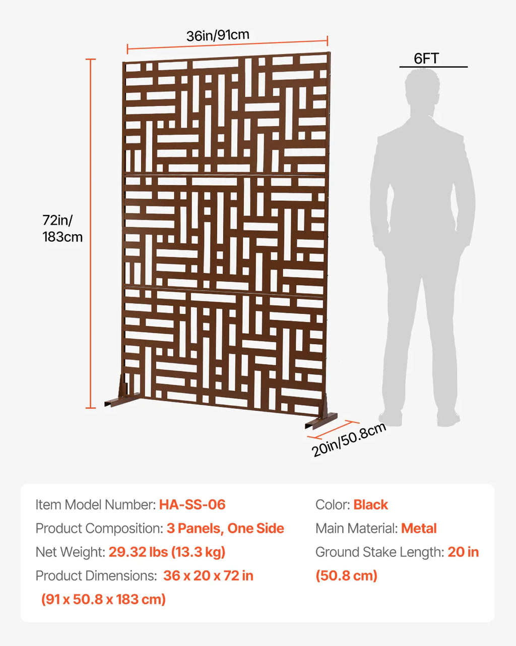 VEVOR Metal Privacy Screen Freestanding Outdoor Divider with Stand 3-Panel Decorative Garden Steel Privacy Fence for Balcony