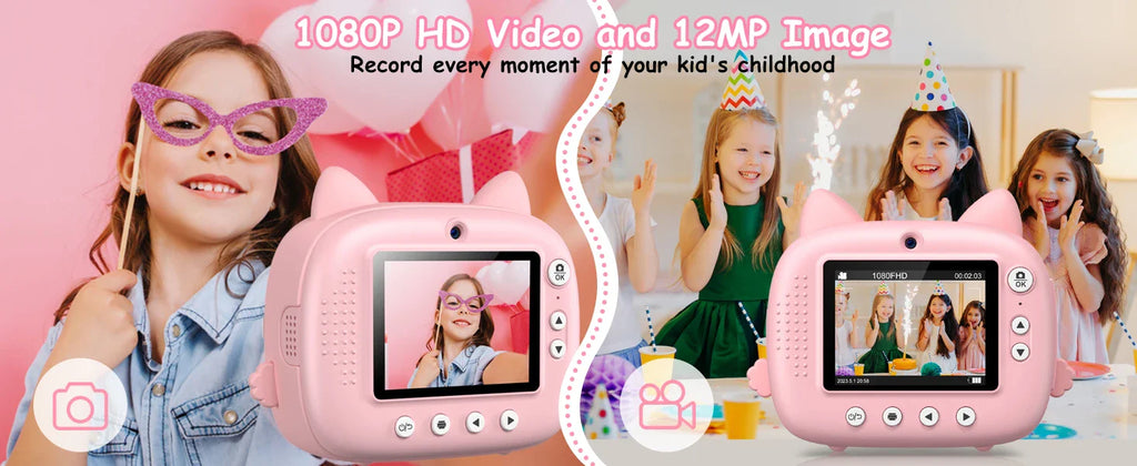 Kids Instant Print Camera 2.4 Inch 1080P Digital Camera Portable Cartoon Video Camera With 32GB Card & 5 Color Pens