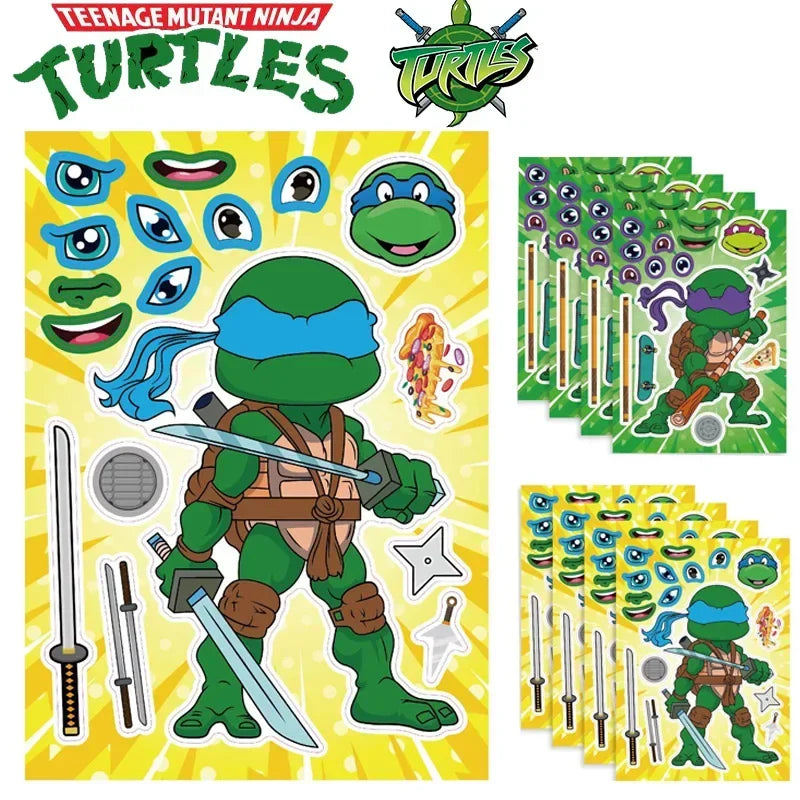 16Sheets Ninja Turtles TMNT Children DIY Puzzle Sticker Face Funny Anime Stickers Kids Assemble Stickers Toys Boys Girls Gifts
