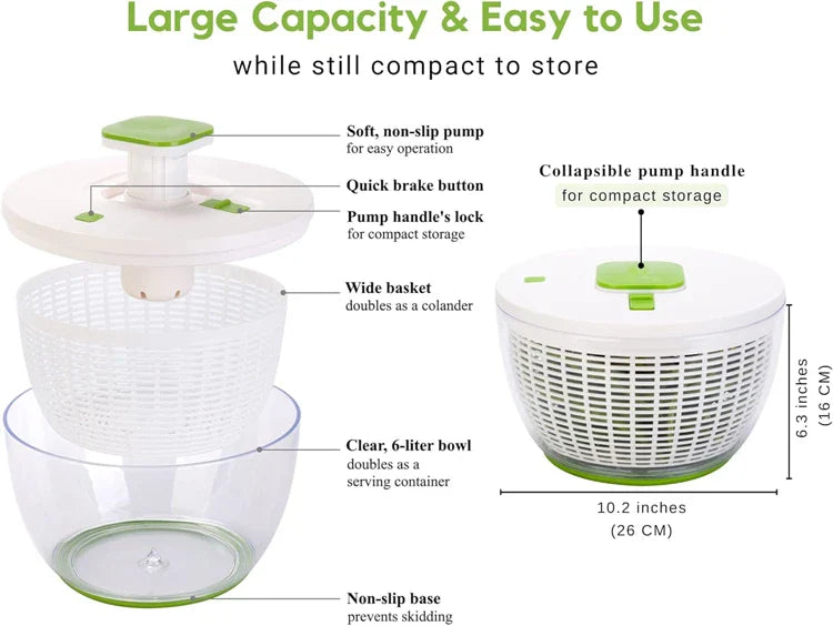 LMETJMA QuickPush Salad Spinner Large 6.3QT Vegetable Washer Dryer Strainer Drainer with Drain Salad Bowl and Colander JT400