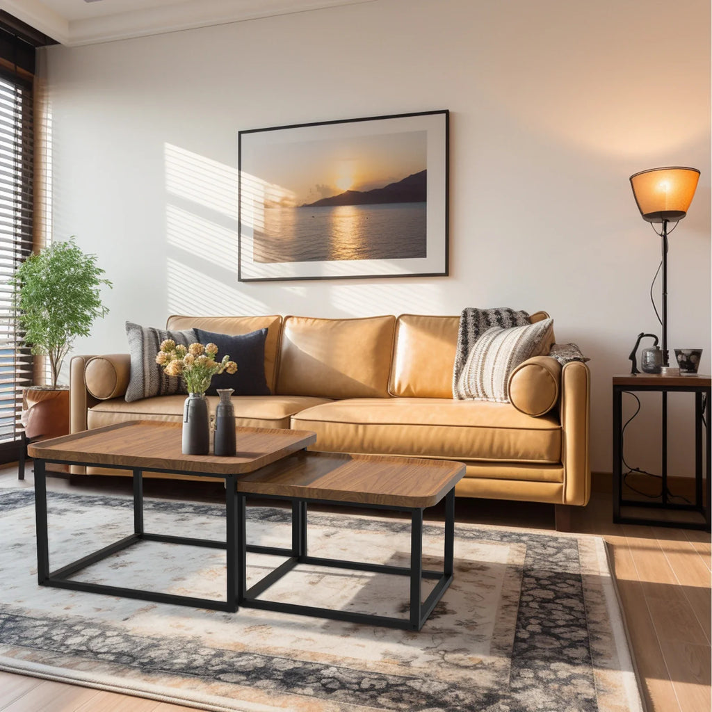 2PCS Industrial-inspired Coffee Table Set Stacking Vintage Side End Table Space Saving Living Room Furniture