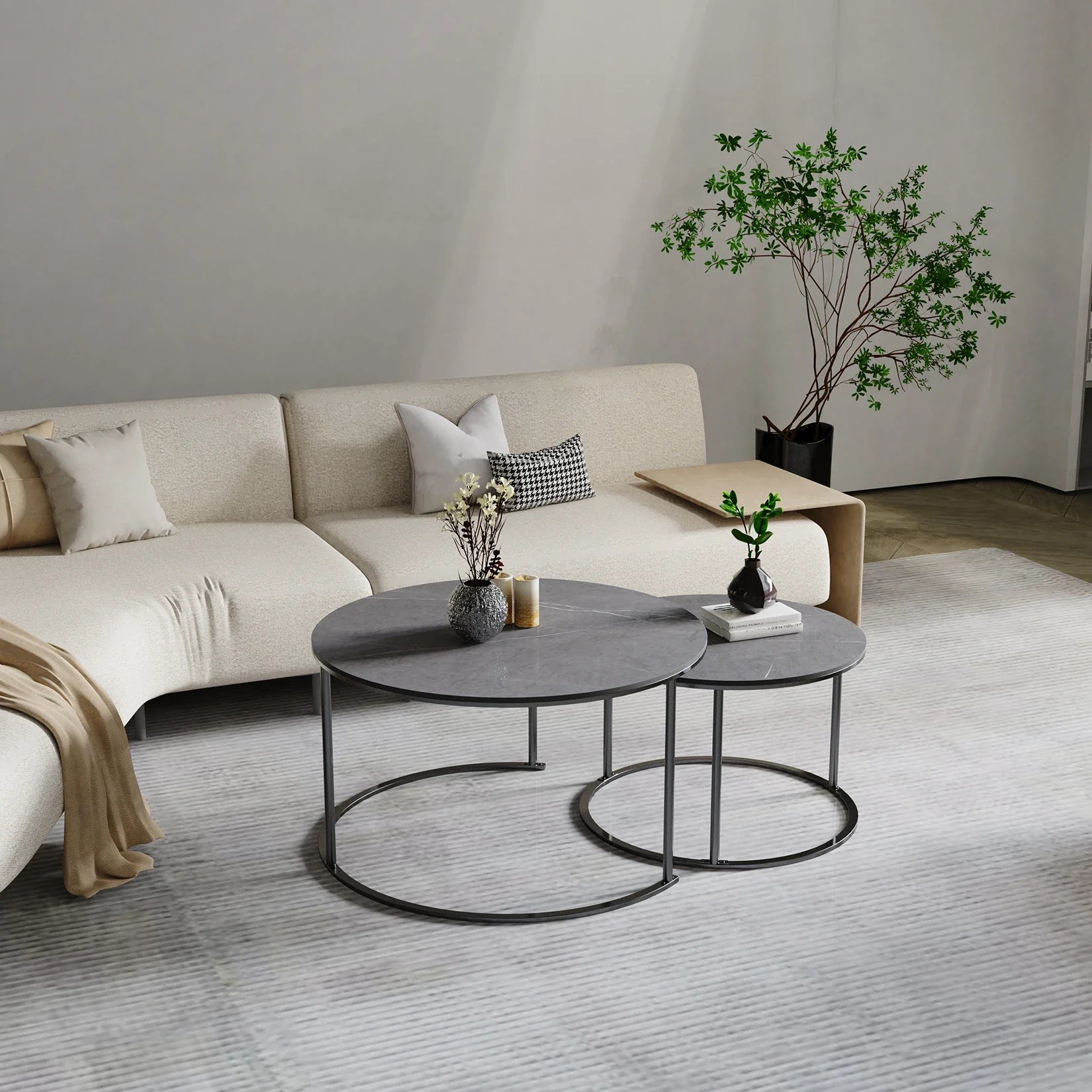 Modern Nesting Round Grey Marble Top Coffee Table Set Sintered Stone Table Metal Legs Home Furniture