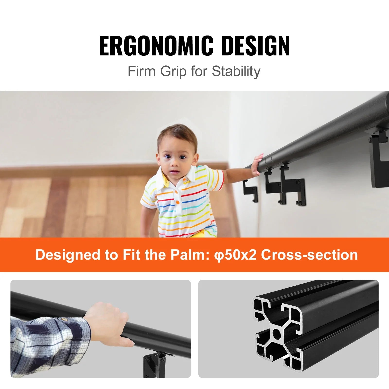 VEVOR 4/5/7/12 ft Handrail Stair Railing 440 LBS Wall Mount Stairway Hand Rail with Installation Kit for Indoor Outdoor Stairs