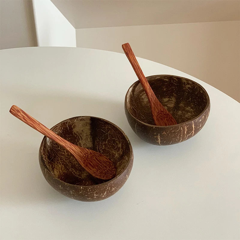 Natural Coconut Bowl Wooden Handmade Coconut Bowls for Eating Tableware Fork Spoon for Dessert Fruit Salad Mixing Rice