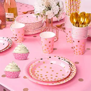 Pink and Gold Party Supplies 193 pcs/Serves 24 Pink and Gold Birthday Dinnerware Set- Pink and Gold Birthday Plates Cups etc