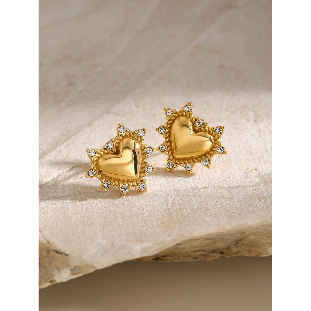 Uworld Luxury Rhinestone Inlay Heart Stud Earrings for Women Stainless Steel 18K PVD Plated Texture Waterproof Charm Jewelry